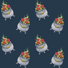 Halloween. Watercolor seamless pattern with hand drawn ghost, frog, pumpkin, mushroom, potion. Creative for fabric, packaging, textile, wallpaper, paper or background