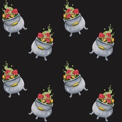 Halloween. Watercolor seamless pattern with hand drawn ghost, frog, pumpkin, mushroom, potion. Creative for fabric, packaging, textile, wallpaper, paper or background