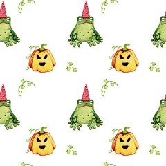 Halloween. Watercolor seamless pattern with hand drawn plant, frog, pumpkin. Creative for fabric, packaging, textile, wallpaper, paper or background