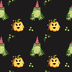 Naklejka premium Halloween. Watercolor seamless pattern with hand drawn plant, frog, pumpkin. Creative for fabric, packaging, textile, wallpaper, paper or background