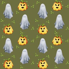 Halloween. Watercolor seamless pattern with hand drawn ghost, pumpkin, plant. Creative for fabric, packaging, textile, wallpaper, paper or background