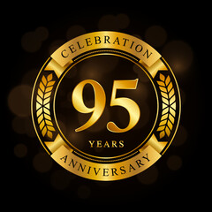 95 Year Anniversary celebration template design, with shiny ring and gold ribbon, laurel wreath isolated on black background, logo vector
