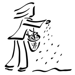 sower sows seed in a field, cross and hearts in his bag, black outline on white