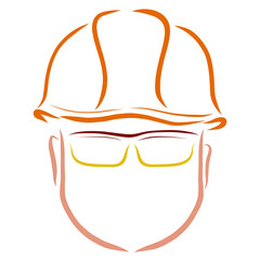 head of a man in a protective helmet and goggles, colored outline on a white background