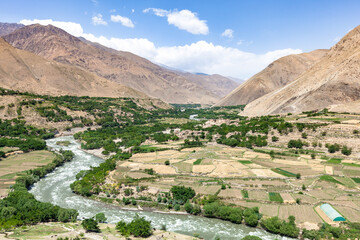 Fototapeta na wymiar View of Panjshir Valley from Commandant Massoud Memorial, near the village of Jagalak, where he was born, Afghanistan