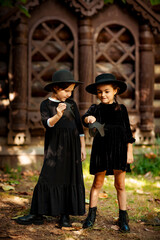 Obraz premium Two beautiful girls in black dresses and hats,standing in the park and holding bats in their hands, for the Halloween holiday