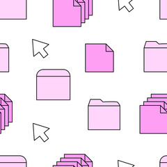 Seamless pattern with old computer elements, folders, document icons and symbol of computer arrow. Vector background in retrowave, y2k, 90s, 00s concept.