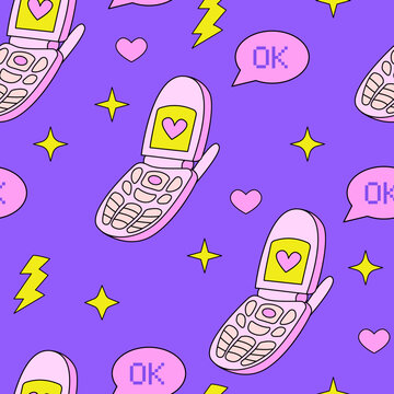 Seamless Pattern With Retro Flip Phone And Cute Stars And Hearts In Retrowave Aesthetic. Vector Nostalgic Background In Y2k, 00s, 90s Concept