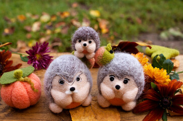Felted grandfather and grandmother hedgehogs near their little grandson hedgehog also made of wool on a wooden background with autumn decor