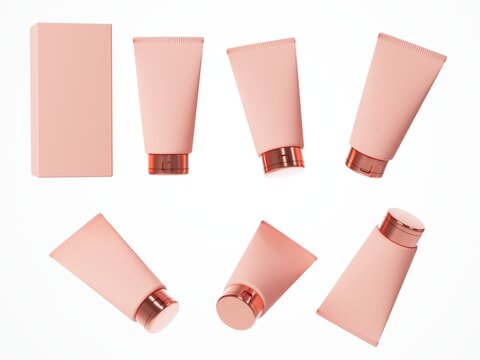 Six different views of beige cosmetic cream tube with rose gold cap with box isolated on white background 3D render, care product packaging and branding