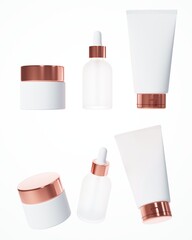 Different views of cream jar with rose gold cap, serum dropper bottle and cosmetic tube with cap, 3D render cosmetic product packaging isolated on white background