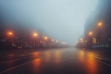 Wet illuminated street on a foggy autumn evening