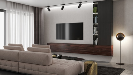 Illustration 3D rendering large luxury modern bright interiors Living room mockup computer digitally generated image