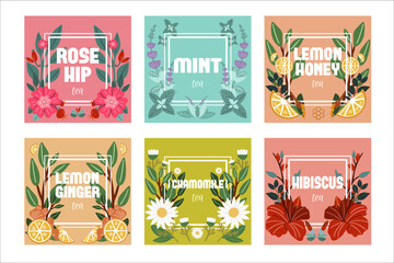 The set banners of herbal tea for packing. Herbs in frames. Treatment tea.