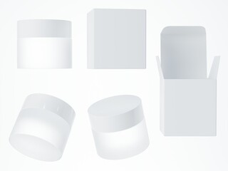 Different views of white cosmetic cream jar with box isolated on white background 3D render, care product packaging and branding template