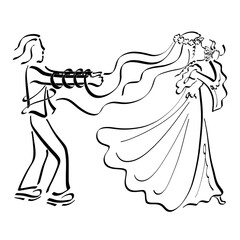 man follows a beautiful woman, entangled in her hair like fetters, black outline