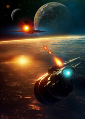 space battle around an alien planet, 3d render and digital painting