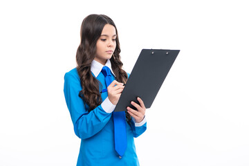 Portrait of smiling young teen girl looking at job list on clipboard on white background.