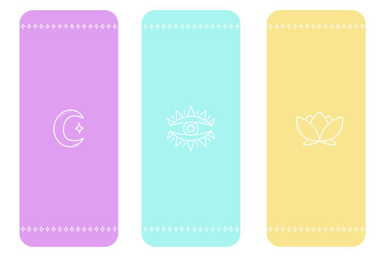 Set of three yoga mat designs. Soft colors with minimalistic zen elements. Camping or fitness carpet icon vector image