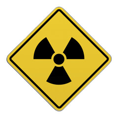 Diamond-shaped crossing sign with yellow background and black border with a radiation sign in the middle.