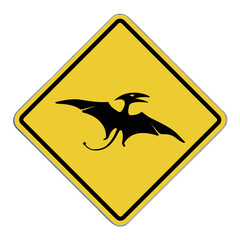 Diamond-shaped crossing sign with yellow background and black border with a black Pterosaur in the...