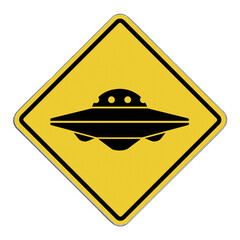 Diamond-shaped crossing sign with yellow background and black border with a flying saucer in the middle. © BreizhAtao