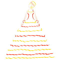 beautiful princess or bride in a long fluffy dress with flounces,.colorful pattern