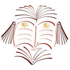 creative image of a man's head consisting of books with eye sockets in the form of the sun, abstract pattern on a white background