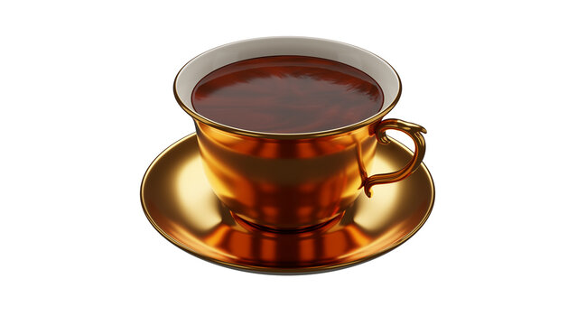 3d model of a golden coffee or tea cup without background. PNG image with transparent background. 