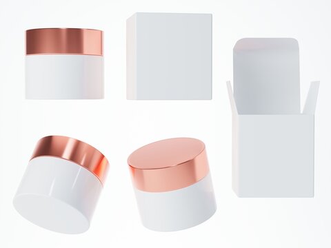 Different views of white cosmetic cream jar with rose gold cap and box isolated on white background 3D render, care product packaging and branding template