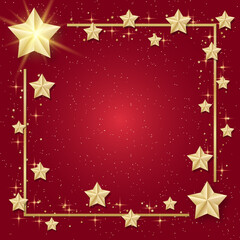 Christmas and New Year vector background with golden stars,  snowflakes and frame