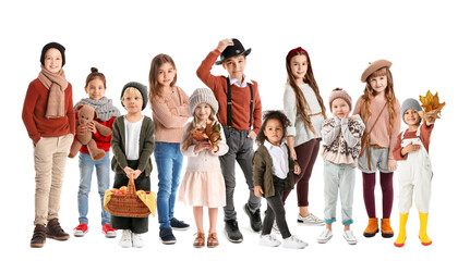 Obraz premium Set of cute little children in autumn clothes isolated on white