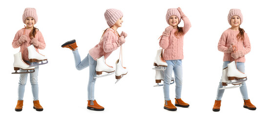 Collage of little girl in winter clothes and with ice skates on white background © Pixel-Shot