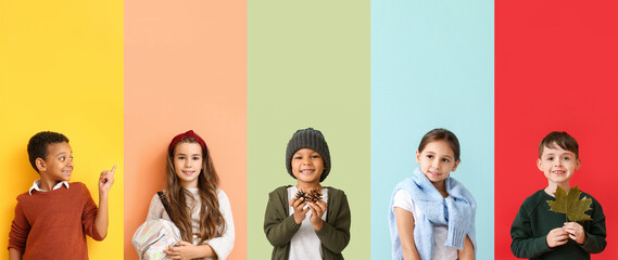 Set of children in warm clothes on colorful background