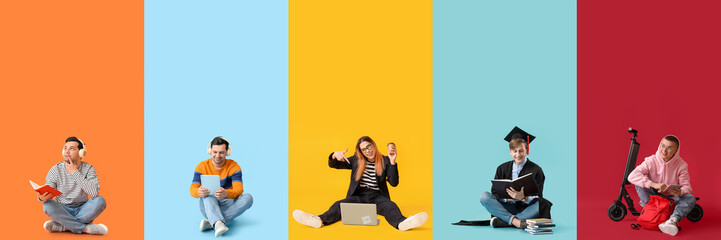 Set of students on color background
