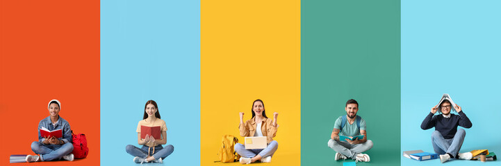 Group of students on color background