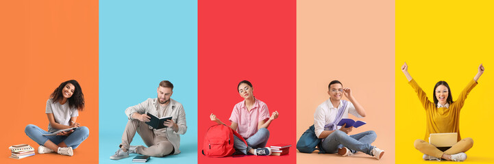 Collage of students on color background