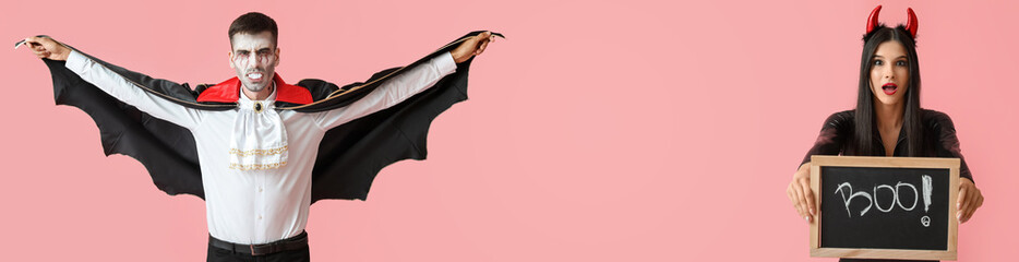 Banner with people in Halloween costumes on pink background