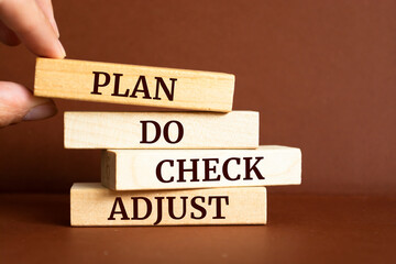 Wooden blocks with words 'plan do check adjust'.