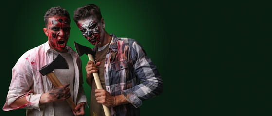 Scary zombie men on dark green background with space for text