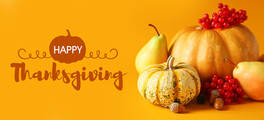 Different healthy vegetables and fruits on orange background. Thanksgiving Day celebration