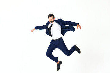 Man business smile with teeth in costume running and jumping flying up open mouth happiness and surprise full-length on white isolated background copy space 