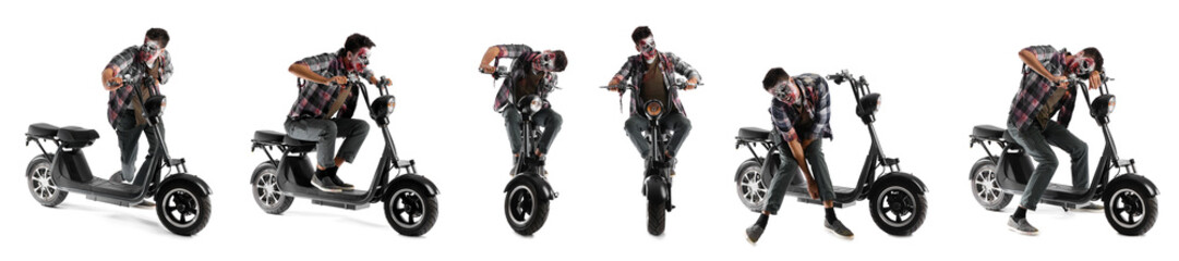 Plakat Set of scary zombie man with motorcycle on white background