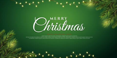 Merry christmas realistic background with fir twigs and decorative lights