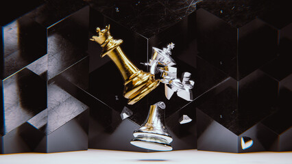 Queen breaking King in chess, 3d render