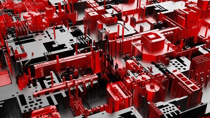 Black-red futuristic Circuit technology under black-white background. Concept 3D CG of hi-tech digital data connection system, computer electronic design and Sci-Fi Landscape.