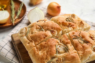 Delicious Italian focaccia on table, closeup