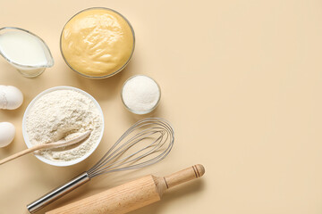 Different ingredients for baking on color background