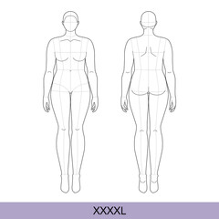 Set of XXXXL Women Fashion template 9 nine head size Croquis plus size with main lines Lady model Curvy body figure front back view. Vector outline girl for Design, Illustration, technical drawing