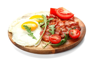 Fototapeta na wymiar Plate of tasty fried eggs and bacon on white background